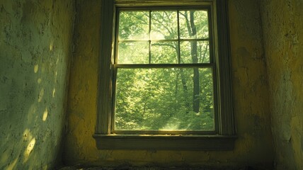 Obraz premium Sunlit window showcasing lush green forest view.