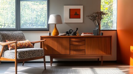 Fototapeta premium A mid-century modern living room with a walnut wooden cabinet, a stylish armchair with a patterned cushion, and minimalist accessories on the cabinet top.