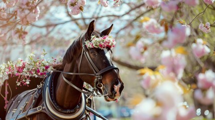 A horse-drawn carriage adorned with spring blossoms at a countryside festival celebrating cherry blossoms, Rural setting with blooming orchards and festive atmosphere, Photo of