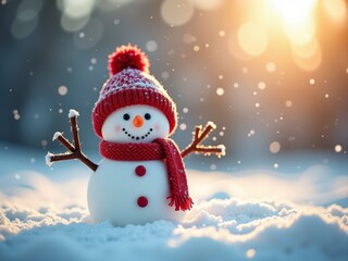 A cheerful snowman stands in a snowy landscape during a bright winter afternoon with sunlight shining through falling snowflakes