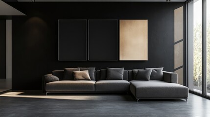 A minimalist living room with a black feature wall showcasing a triptych of square canvas art, with a sleek gray sofa adding balance to the dark, modern exhibition-style space.