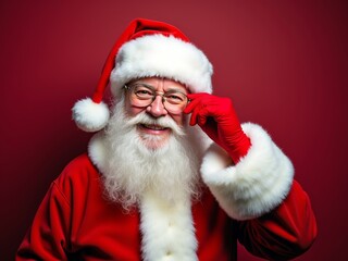 Smiling Santa Claus in a red suit and hat, posing cheerfully against a vibrant background during the festive season