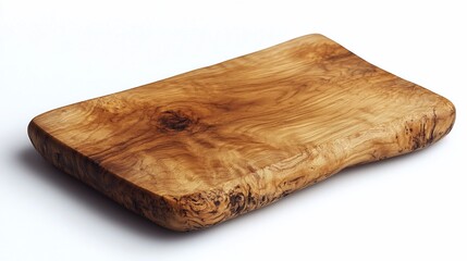 Rustic wooden cutting board with a natural edge isolated on a white background.