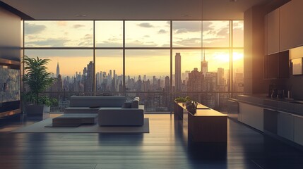 Fototapeta premium A modern apartment panorama featuring an open-plan living area with sleek furniture, a contemporary kitchen, and large floor-to-ceiling windows offering a panoramic view of the city skyline.