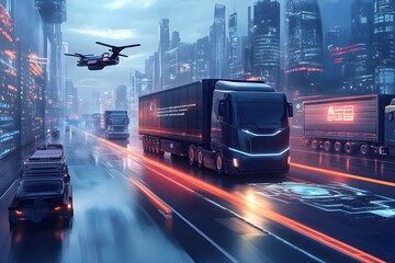 Futuristic Cityscape with Semi-Truck and Flying Vehicle
