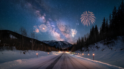 starry sky in winter snowy night. fantastic milky way in the New Year's Eve. Winter road in the mountains. fireworks and holiday lights on the background. Photo greeting card 