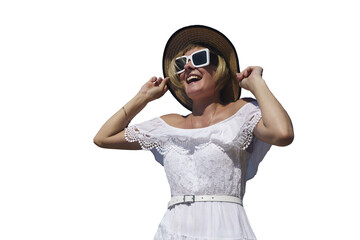 happy, confident woman rejoices with her hands in the air. positive, motivation, ease, isolated on transparent background, png