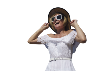 happy, confident woman rejoices with her hands in the air. positive, motivation, ease, isolated on transparent background, png