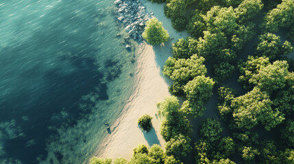 A view directly above some low trees and shrubs surrounding a beach and ocean bay