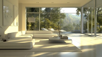 Fototapeta premium A modern living room interior with a minimalist design, featuring a white sofa, sleek coffee table, and large windows that fill the room with natural light.