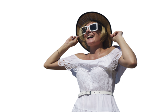 happy, confident woman rejoices with her hands in the air. positive, motivation, ease, isolated on transparent background, png