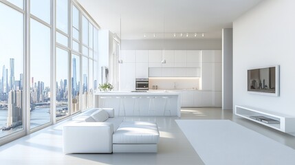 A modern loft-style white apartment with high ceilings, an all-white kitchen, a minimalist living area, and large industrial windows that provide a panoramic view of the city skyline.