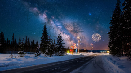 starry sky in winter snowy night. fantastic milky way in the New Year's Eve. Winter road in the mountains. fireworks and holiday lights on the background. Photo greeting card 