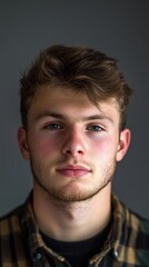 Fototapeta premium Young man with expressive gaze and tousled hair poses against a dark background
