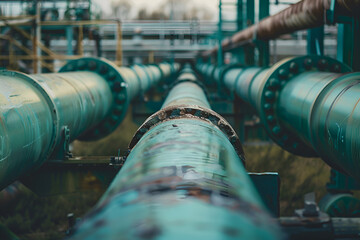 Green gas pipes at an industrial plant, blue sky, and green grass in the background, Generative AI