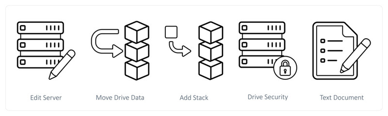 A set of 5 mix icons as edit server, move drive data, add stack