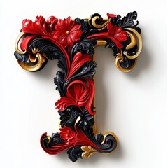 Elegant 3D Floral Letter T Design in Red and Gold