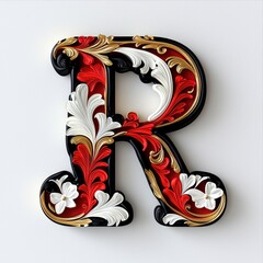 Elegant 3D Floral Letter R Design in Red and Gold