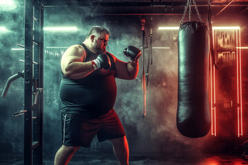 Overweight man while punching a boxing sack in the gym center for weight loss and calorie burning