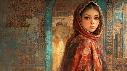 Obraz premium A portrait of a woman in traditional clothing from her culture, standing in front of an ornate temple, with rich colors and intricate patterns in the background.