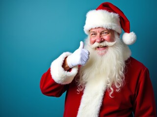 Santa Claus in a cheerful pose giving a thumbs up against a blue background during the festive holiday season