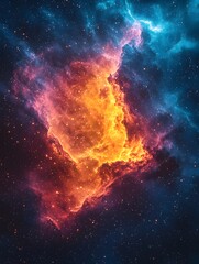 Naklejka premium A mesmerizing cosmic nebula displaying vibrant hues of orange and blue, illuminated by countless stars, creating a stunning celestial scene in deep space.