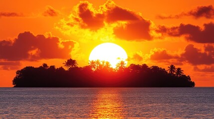 Vibrant sunset over a tropical island silhouette.