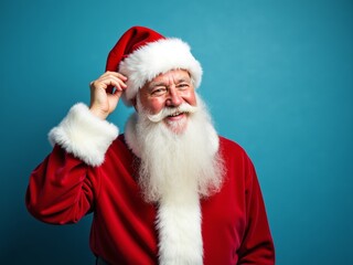 Jolly man in a red Santa suit with a big beard poses cheerfully against a blue background during the holiday season