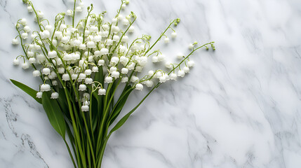 Obraz premium Cluster of Lily of the Valley flowers with vibrant green leaves on a light gray background,Summer spring bouquet with white forest lilies of valley