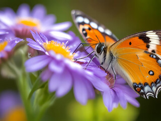 Naklejka premium Bright orange butterfly on a daisy or chrysanthemum flower. Macro photo
