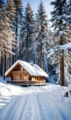 Wooden chalet in sunny winter forest with snow cover. Country house made of wood in natural area covered with fresh snow. Idea for Christmas holidays.