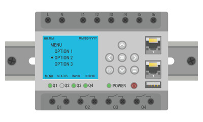 Programmable logic controller mounted on a DIN rail. PLC controller for electric illustrations or control schemas