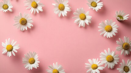 Minimalist styled concept featuring white daisy chamomile flowers scattered soft pale pink background offering creative lifestyle feel spring or summer Flat lay with space for text and modern vibes