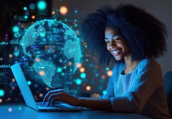 A woman using a laptop with a digital globe and data visuals in the background.