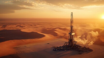 A majestic oil derrick standing tall in the heart of an expansive desert