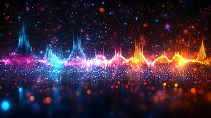 Fototapeta premium An abstract digital representation of sound waves, featuring vibrant colors of blue, orange, and purple against a dark background, creating a mesmerizing visual effect.
