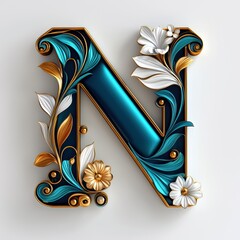 Elegant 3D Letter N with Floral Accents in Teal and Gold