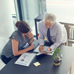 Business people, meeting and office with tablet, documents and teamwork for discussion or review....
