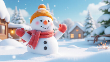 Cute snowman in the 3D cartoon Christmas snow