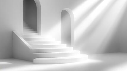 Obraz premium Minimalist white staircase with arches and light.