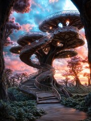 Naklejka premium Enchanting Spiral Staircase Leading to Mystical Treehouses at Sunset
