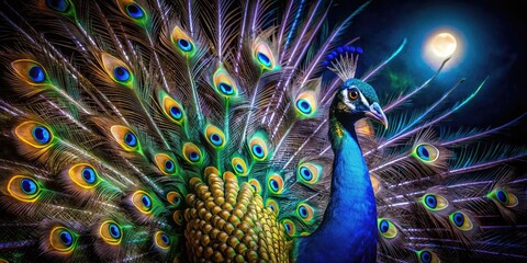 Obraz premium Stunning Close-Up Portrait of a Colorful Peacock with Vibrant Feathers in Night Photography, Showcasing the Intricate Details and Luminous Colors of Nature's Beauty at Night
