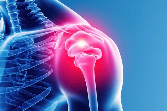 Man with painful shoulder joint with blue background