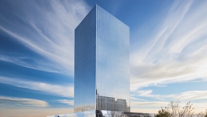 A sleek modern skyscraper with large glass windows reflecting the blue sky and clouds, emphasizing contemporary architecture.