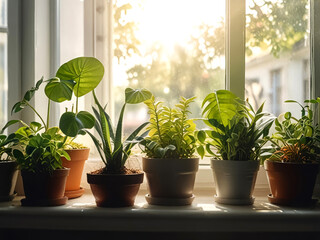 Fototapeta premium Indoor flowers in pots on a windowsill in a house in the sun.