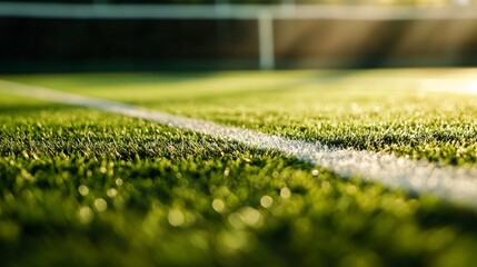 A sharp, close-up shot of the grass blades on a tennis court, freshly cut and glistening in the sunlight, with the clean, white court lines ready for tournament play.