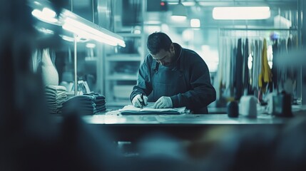 A shot of a worker in a transparent, ethical garment factory, sewing a piece of clothing while surrounded by sustainable textiles.