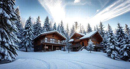 Wooden chalet in sunny winter forest with snow cover. Country house made of wood in natural area covered with fresh snow. Idea for Christmas holidays.