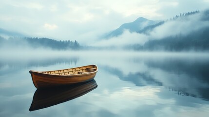 A single wooden boat drifts quietly on a misty lake, the surrounding fog softening the view of far-off mountains