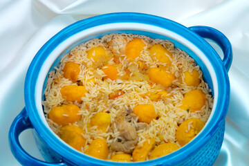 Traditional Brazilian dish chicken with pequi (caryocar brasiliense) and rice